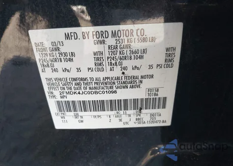 2013 Ford Edge Sel из США, поврежденный, VIN 2FMDK4JC0DBC01098